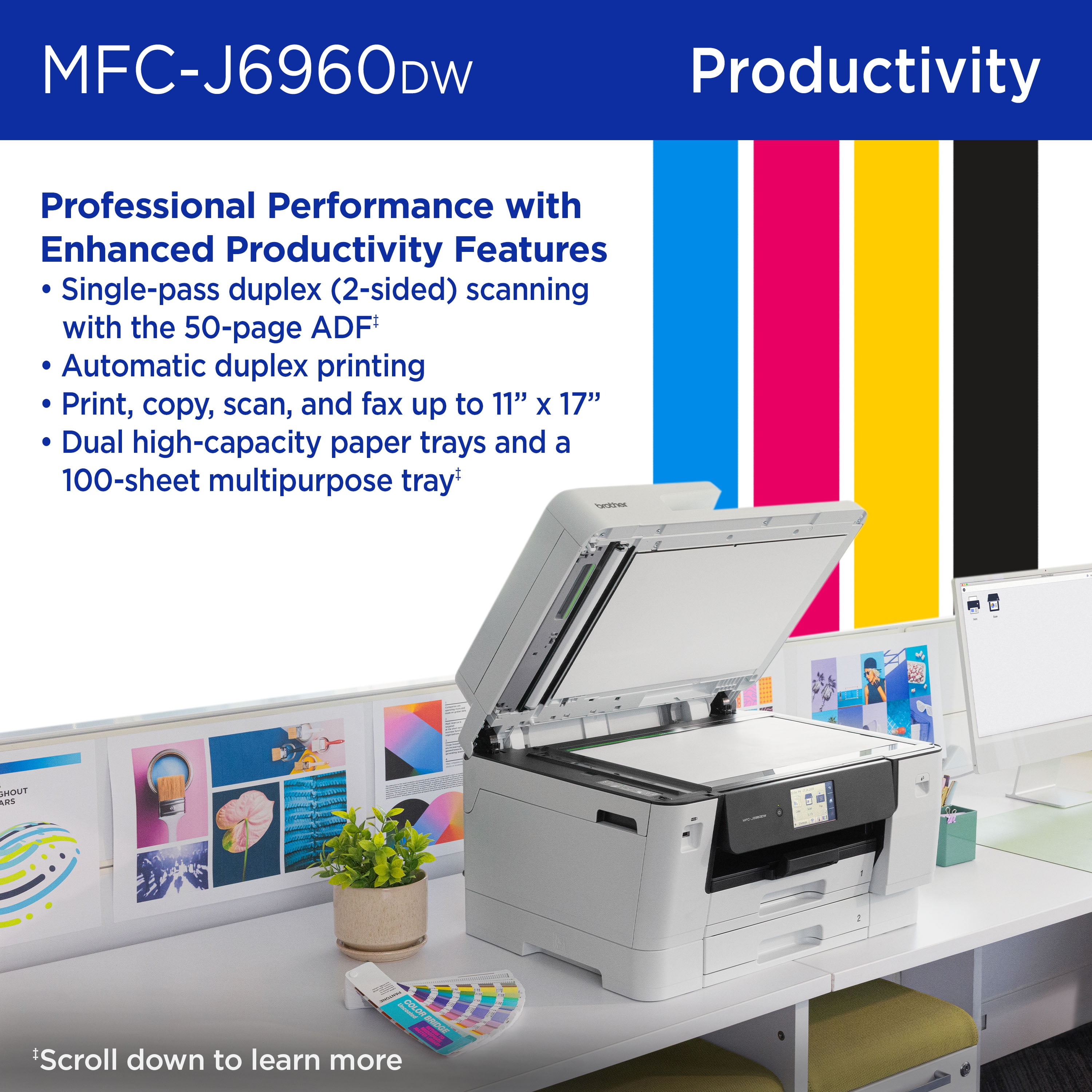 Brother INKvestment MCF-J6960DW Wireless Color Inkjet All-in-One Printer with 11”x17” capabilities and 3.5” Color Touchscreen