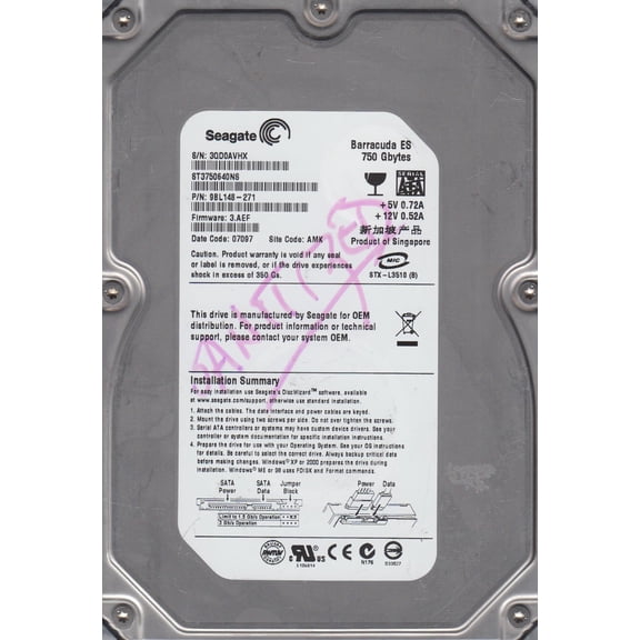 ST3750640NS, 3QD, AMK, PN 9BL148-271, FW 3.AEF, Seagate 750GB SATA 3.5 Hard Drive