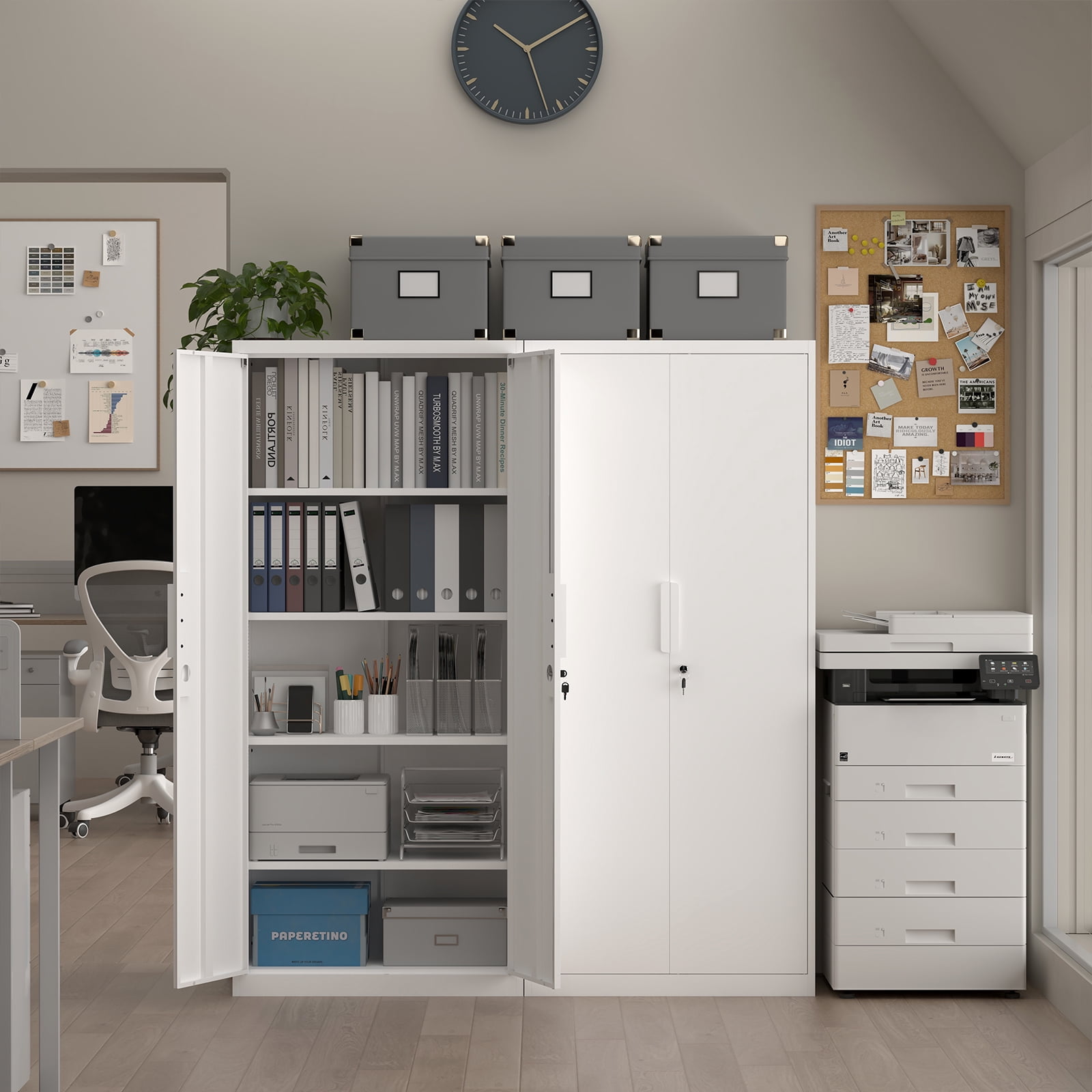 Marcree 71''H Metal Storage Cabinet for Garage, White Steel Cabinet with Doors and 4 Shelves,Tool Organizer for Garage Systems Storage Lockable File Storage for Home Office, Classroom