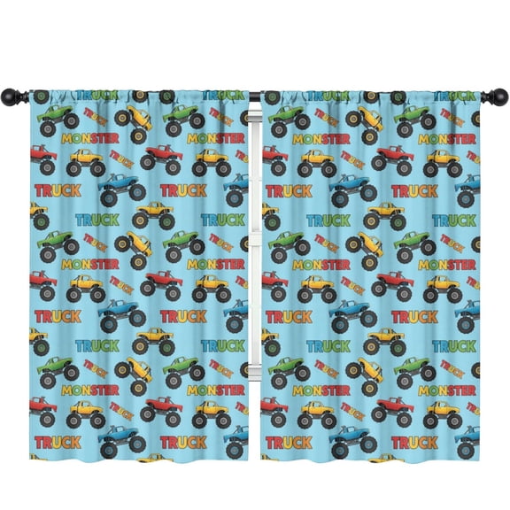 Blackout Kids Curtains,Monster Cartoon Truck Blue Pattern Children's Insulated Curtains Set Of 2,Bedroom Essentials,Toddler Room Decor 52"x84"