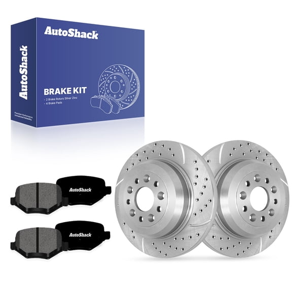 AutoShack Rear Solid Drilled & Slotted Silver Zinc Coated Brake Rotors   Premium Ceramic Pads 6-PC Brake Kit Replacement for 2011-2019 Ford Explorer SilverShield Pro 12.99" (330 mm)