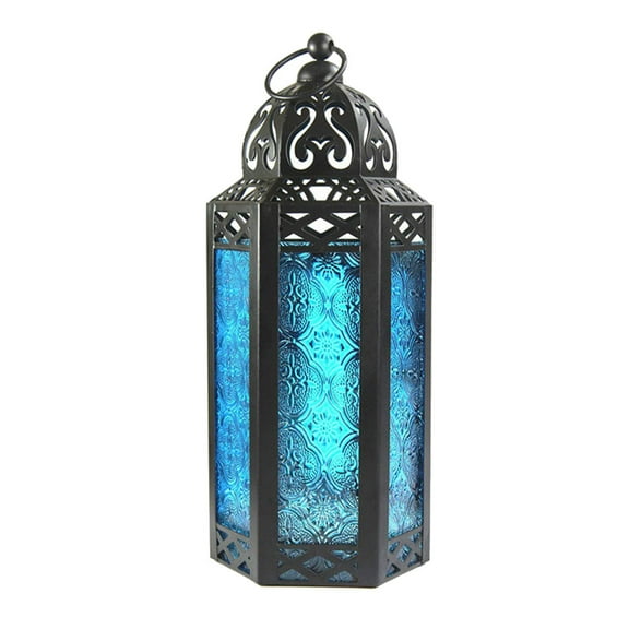 Zoyueyie Morocco Style Wrought Iron Hanging Candle Holder Decorative Candle Storm Lantern Desktop Ornaments (Blue)