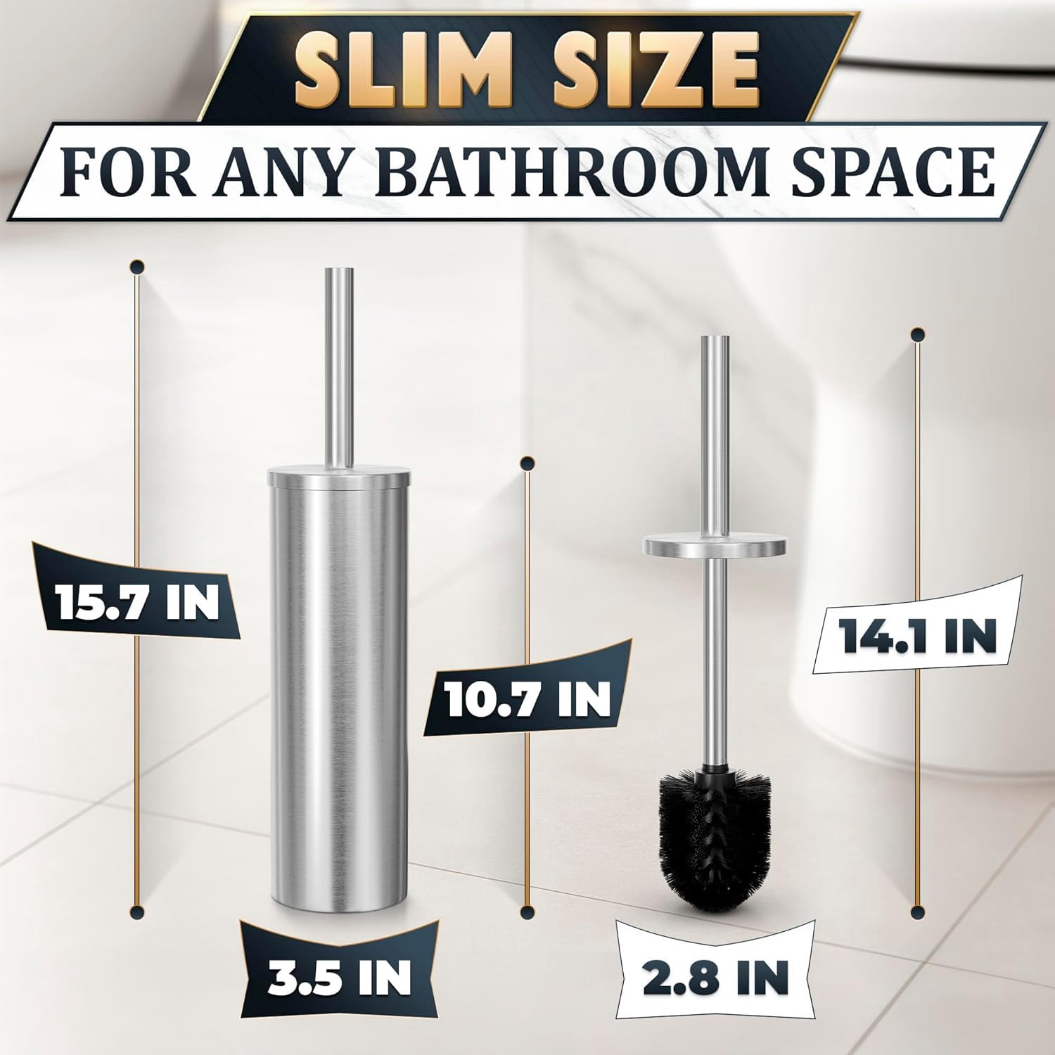 Silver Toilet Brush and Holder Set - Brushed Stainless Steel Gold Toilet Bowl Brush and Holder with Replacable Head, Removable Inner Bowl, and Splash Protection - Dense Bristles for Through Cleaning