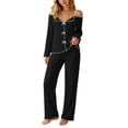 thumbnail image 2 of Miqool 2 Piece Pajama Set for Women Long Sleeve Cold Shoulder V Neck Shirts and Straight Leg Pants Nightwear Loungewear Sets, 2 of 9