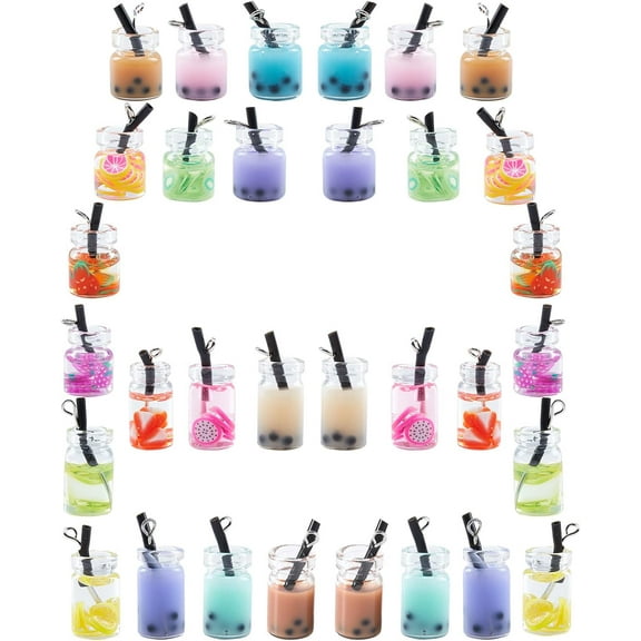 32Pcs 16 Styles Milk Tea Charms Bulk Colorful Mini Bottle Drinks Resin Fruit Tea Pendants with Pearl Straw for DIY Dangle Earrings Jewelry Making Crafts Supplies Accessories