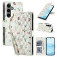 thumbnail image 1 of Wallet Case for Samsung Galaxy S25FE, PU Leather Phone Cover Kickstand RFID Blocking Flip Case Card Slots Wrist Strap Relief Engraved Pattern Magnetic With Stylus Pen, Pink Flower, 1 of 10