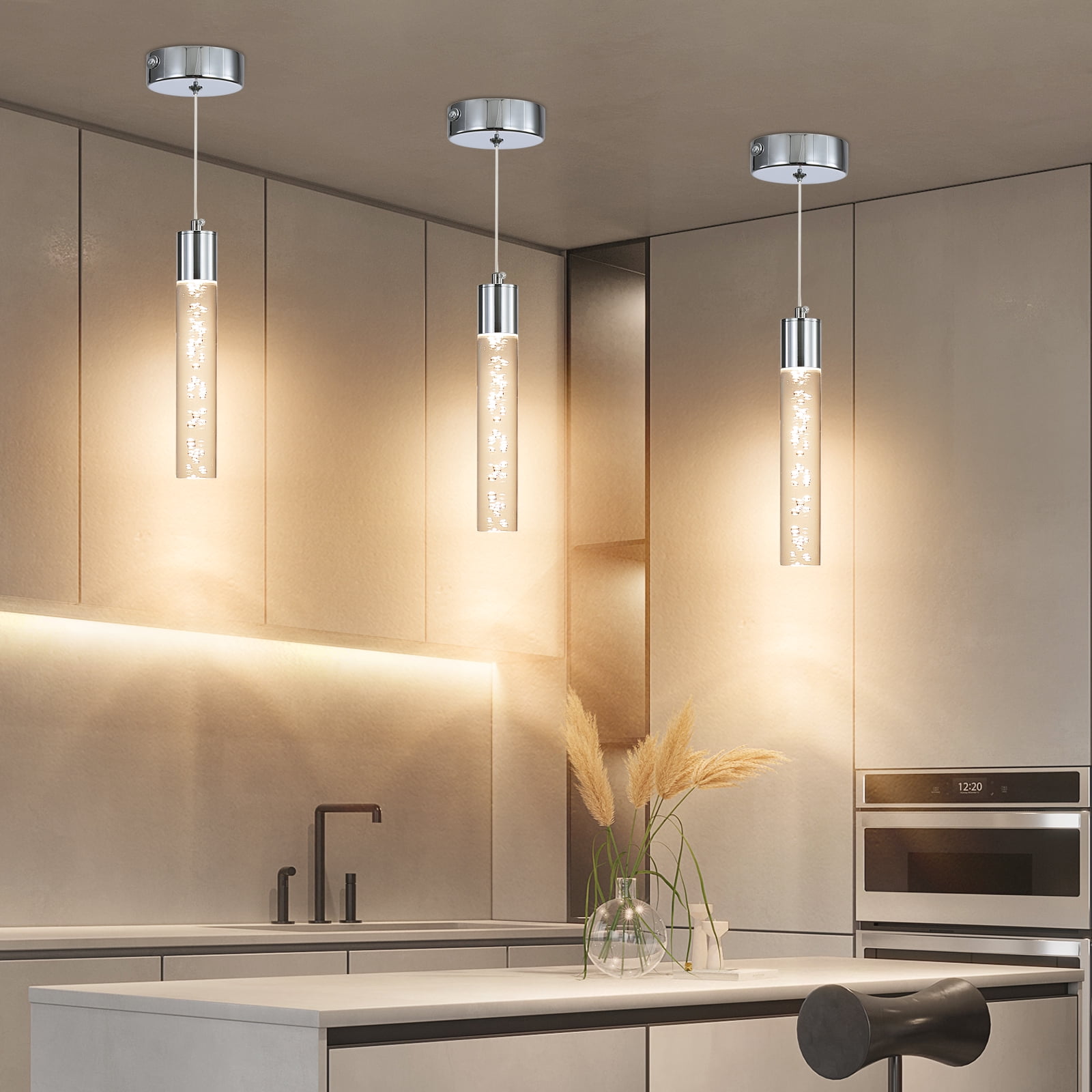 Modern Linear Pendant Light for Kitchen Island, LED Hanging Light Fixture with Bubble Acrylic, 3 Color 3000K/4500K/6500K, Mini Ceiling Chandelier Lighting for Dining Room, Bedroom, Hallway