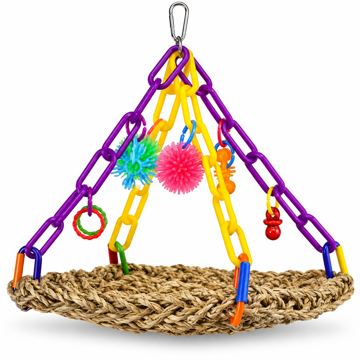 Mini Bird Trapeze Swing with Seagrass Mat and Colorful Chains, 6 x 7 x 9-Inch Hanging Cage Toy for Parakeets, Cockatiels, Lovebirds and Parrotlets
