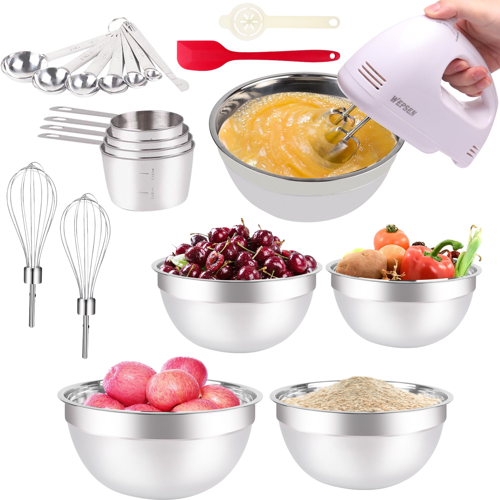 Electric Hand Mixer with Mixing Bowls Set, Hand Mixers for Kitchen,  5-Speeds Hand Mixer with Whisks Beater Stainless Steel Metal Nesting Mixing  Bowl