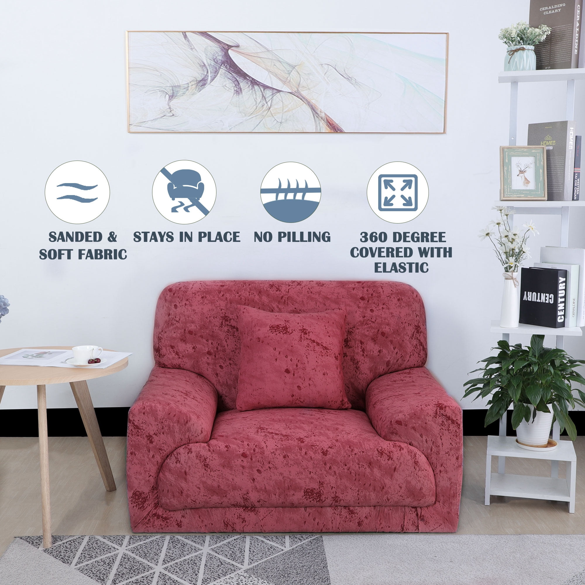 PiccoCasa 1 Seater Sofa Slipcover Ink Painting Printed Couch Cover, 35"-51", Wine Red