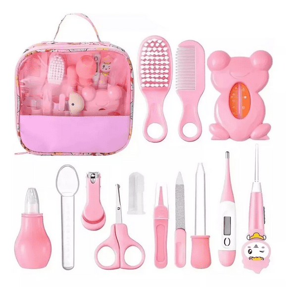 Kit De Higiene Cuidado del Bebé 13 pcs Termómetro Salud Manicure, Rosa