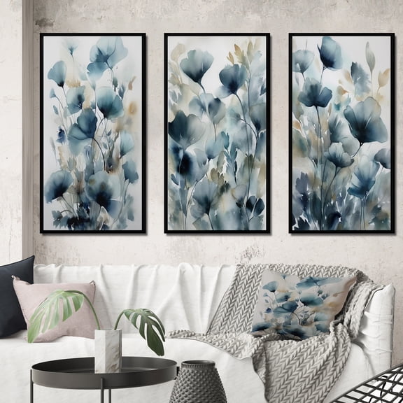 Designart "Leaf Foliage And Flowers Blue III" Floral Leaves Framed Wall Art Set Of 3 - Blue Leaves Frame Gallery Wall Set For Home Decor