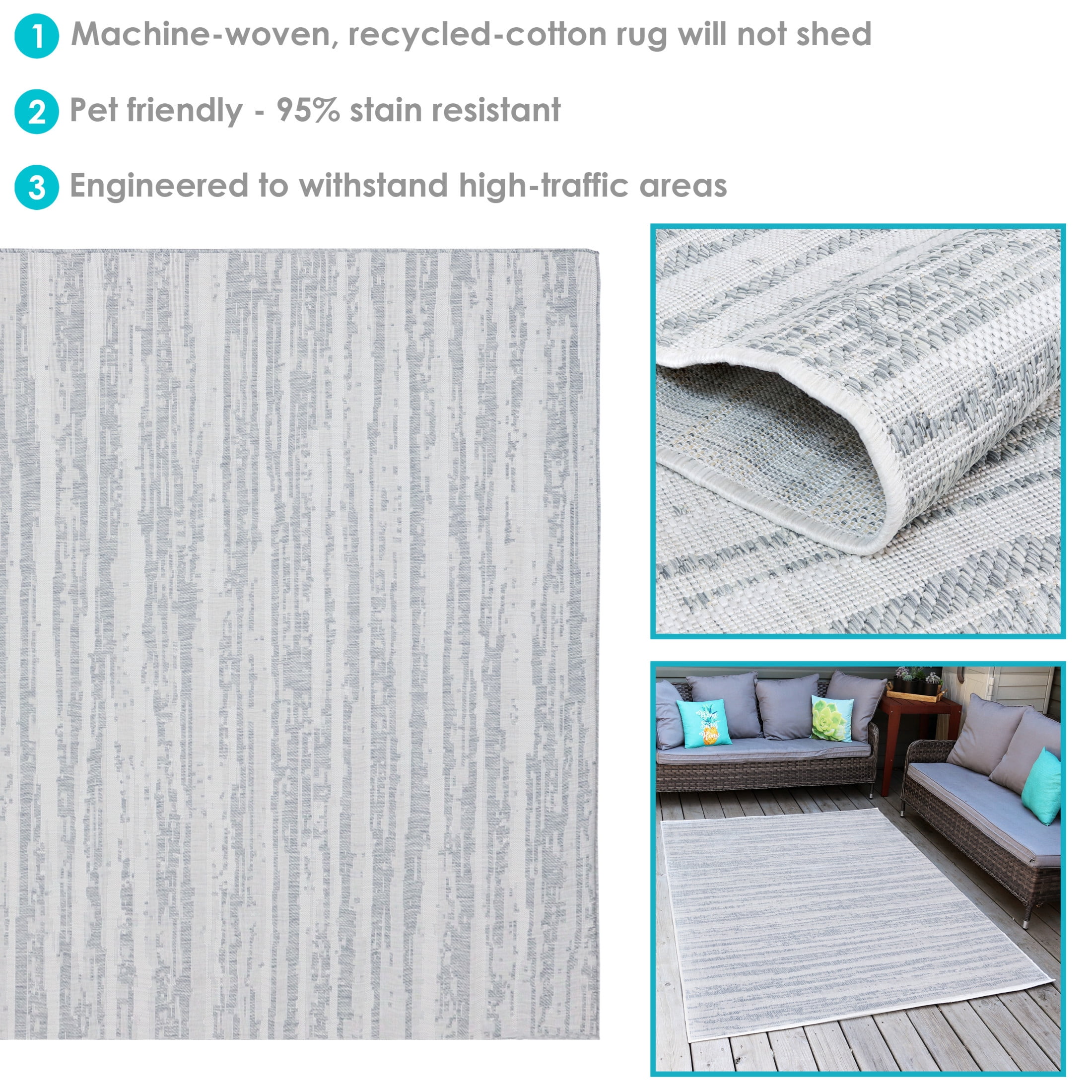 Sunnydaze Artistic Storms Modern Flat Weave Gray Abstract Stripes Outdoor Area Rug, 5' x 7'