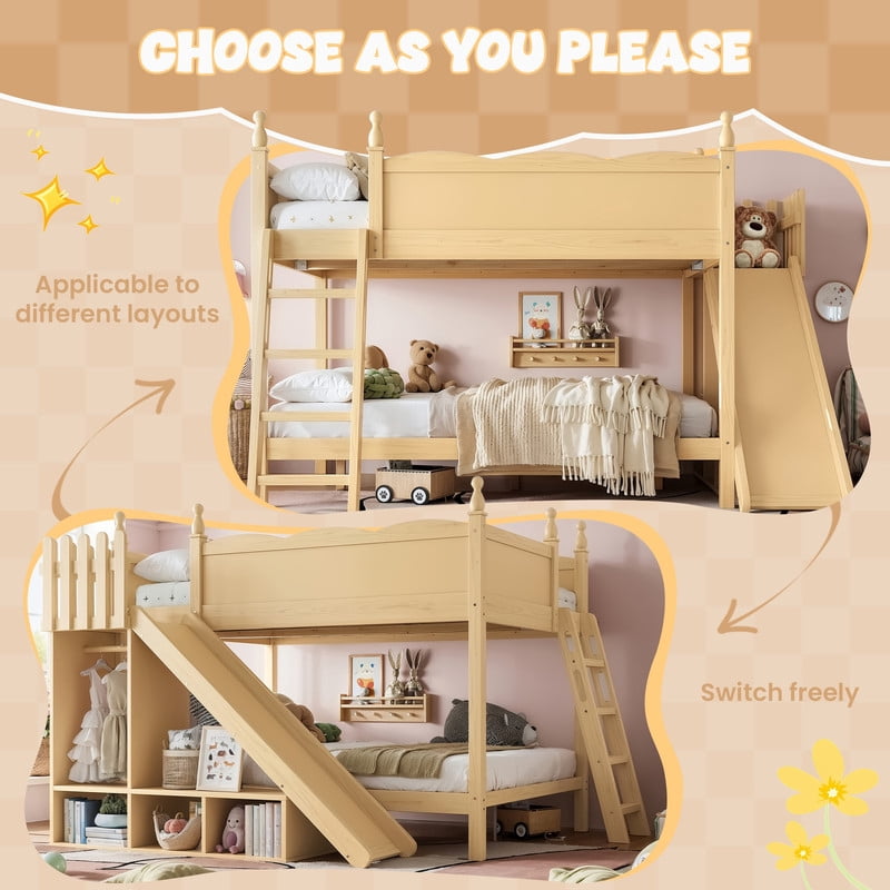 Full-Over-Full Size Kids Bunk Bed with Open Storage Shelves & Small Wardrobe, Wooden Princess Bed Frame with Ladder & Slide