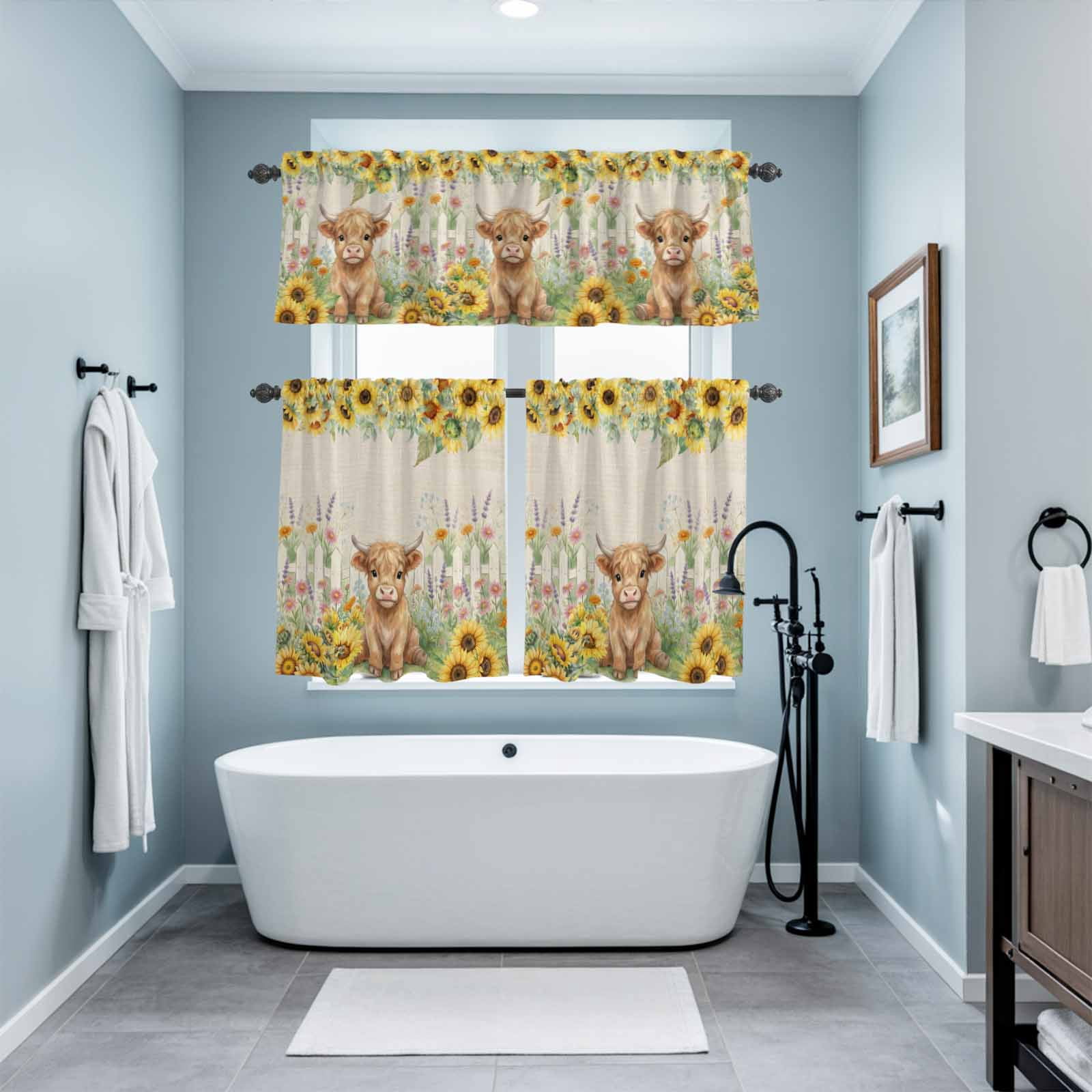 Farm Highland Cattle Kitchen Curtains Valance and Tier Set Farmhouse Sunflower Cow Fence Linen Texture Rod Pocket Short Curtains for Small Window 3 Pieces Set for Bedroom Cafe (54" x 18"+27" x 24")