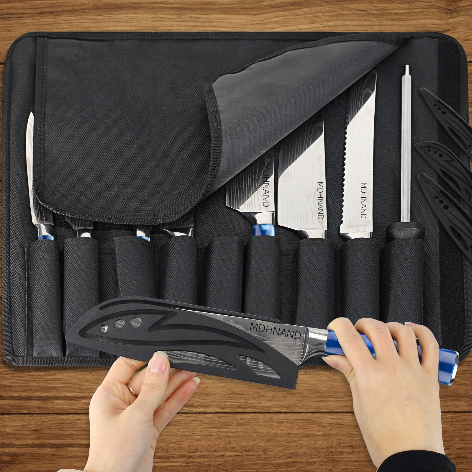 MDHAND Kitchen Chef Knife Set, 8-Piece Japanese Knife Set with Blue Resin Handle and Laser Damascus Pattern