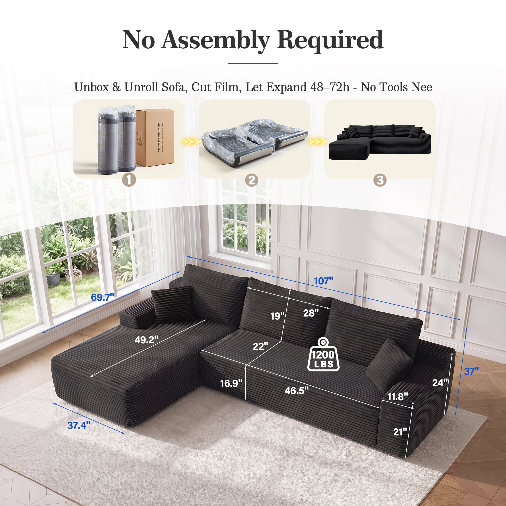 Aukfa 107" Boneless Modular Sectional Sofa, L-Shaped Corduroy Couch with Deep Seat and Left-Facing Chaise for Living Room, Black