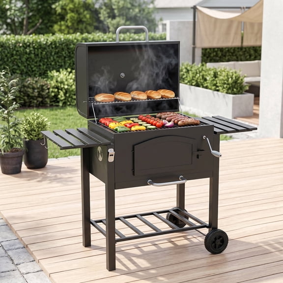 Zateety Charcoal Grill, BBQ with Adjustable Height, Portable Barbecue with Folding Shelves, Thermometer, Bottle Opener & Wheels for Outdoor Camping, Picnic, Patio, Backyard, Black