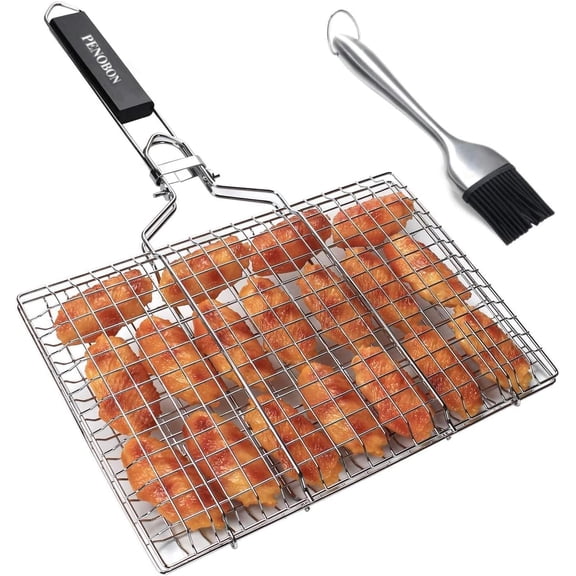 Fish Grilling Basket, Folding Portable Stainless Steel BBQ Grill Basket for Fish Vegetables Shrimp with Removable Handle, Come with Basting Brush and Storage Bag