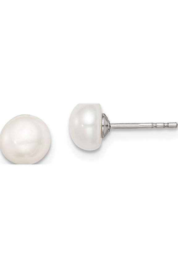 Sterling Silver Rh-Plated 6-7mm White Fw Cultured Button Pearl Stud Earring Made In Canada qe7691