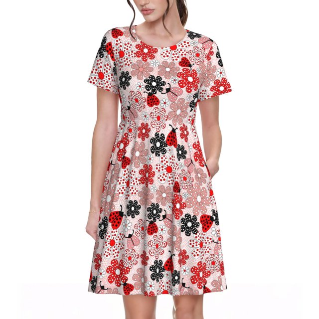 Balery Cute ladybugs red Vestidos sueltos de manga corta para mujer, vestidos de verano 2025, vestidos casuales de corte A con vuelo.