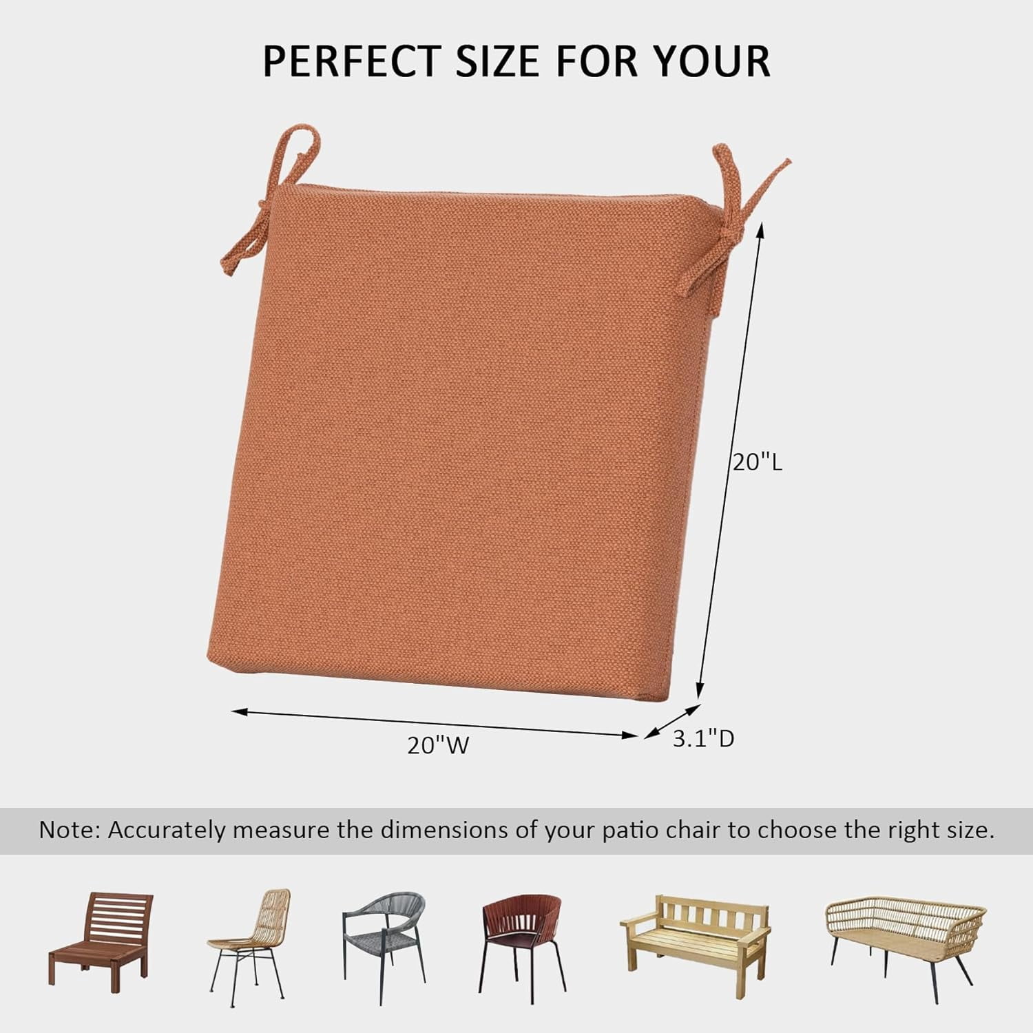 Outdoor Chair Cushions Set of 4,350GSM Fabric,Water-Resistant UV Resistant Weather Resistant with YKK Zippers, Square Corner Patio Chair Cushions with Ties, 20"x20"x3.1",Tangerine