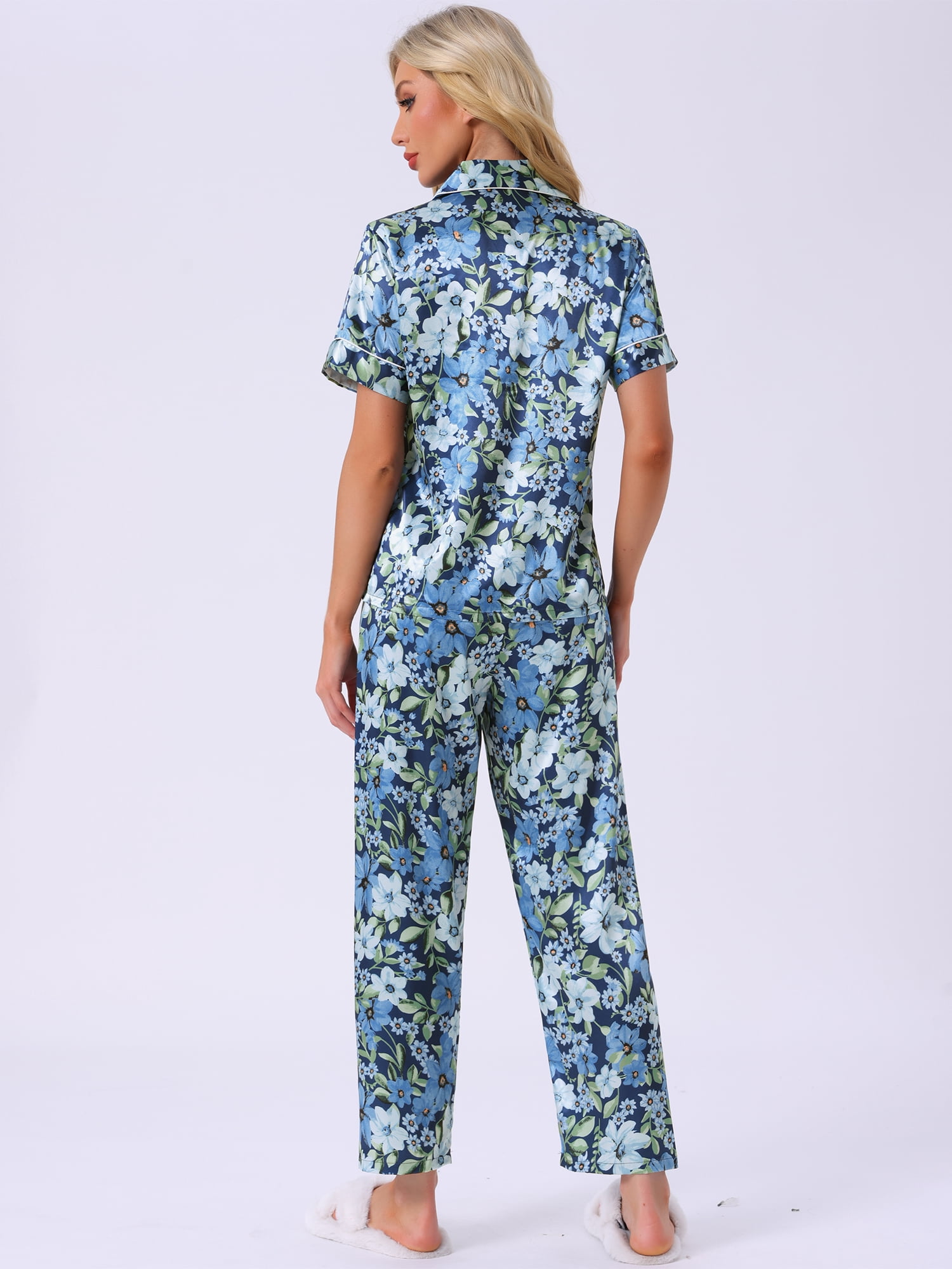 DARING DIVA Women's Silk Short Sleeves Floral Satin Pajama Sets XS Blue Flowers