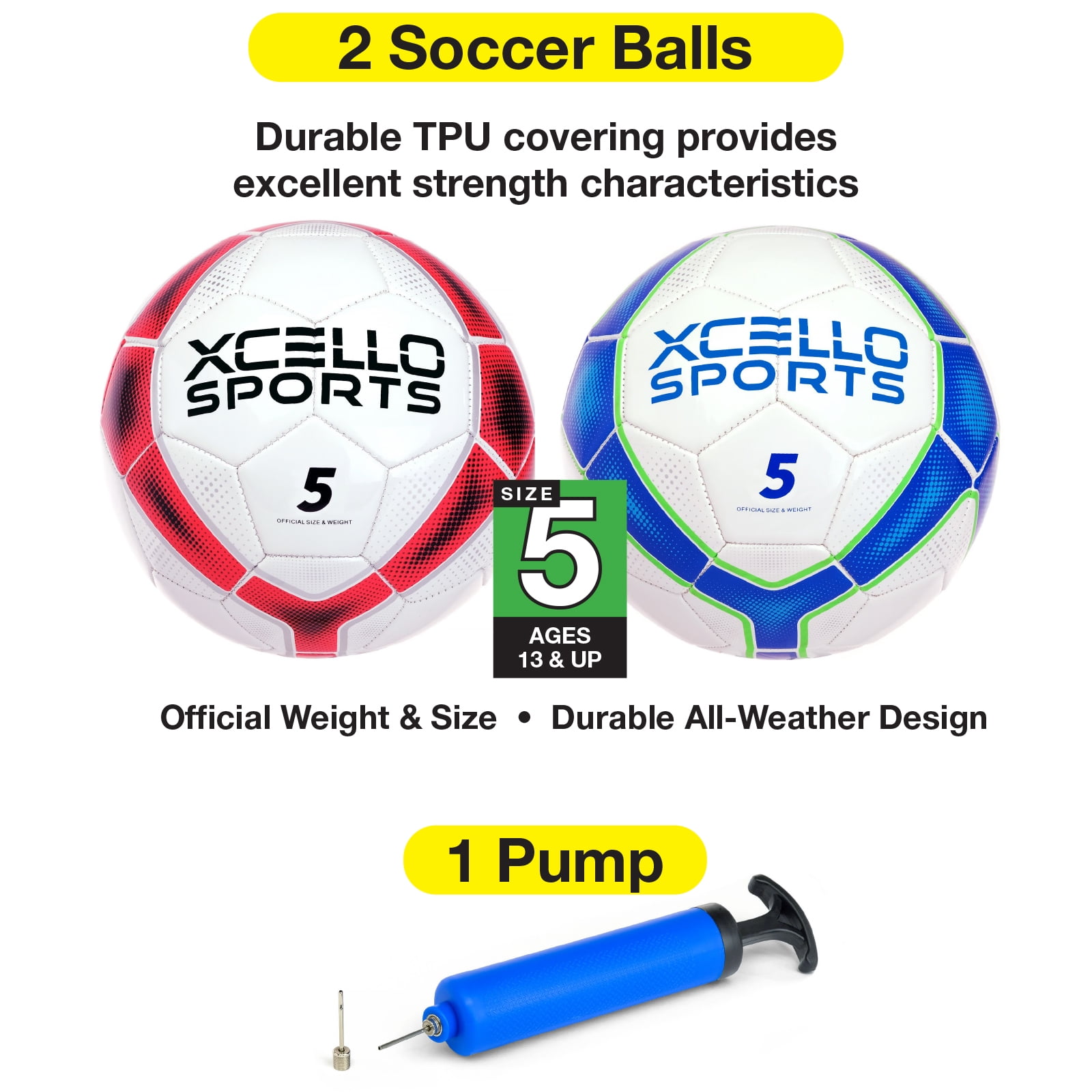 Xcello Sports Soccer Ball Size 5, Premium Durable Tbu Cover Small Soccer Ball, Youth Soccer Ball with Pump, Official Match Size and Weight, Blue/Red, Pack of 2