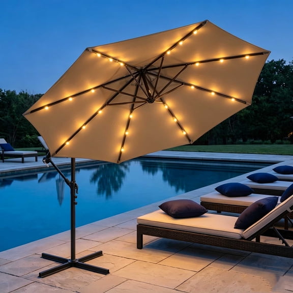 Ktaxon 10FT Patio Umbrella, Offset Cantilever Solar LED Outdoor Patio Table Umbrella, UV Protection, Fade Resistant Fabric, Easy Tilt Adjustment,Cross Base,Khaki