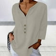 thumbnail image 2 of Lovskoo Cotton Linen Summer Tops for Women 2024 V Neck Long Sleeve Loose Slim Solid Color Top Gray, 2 of 9