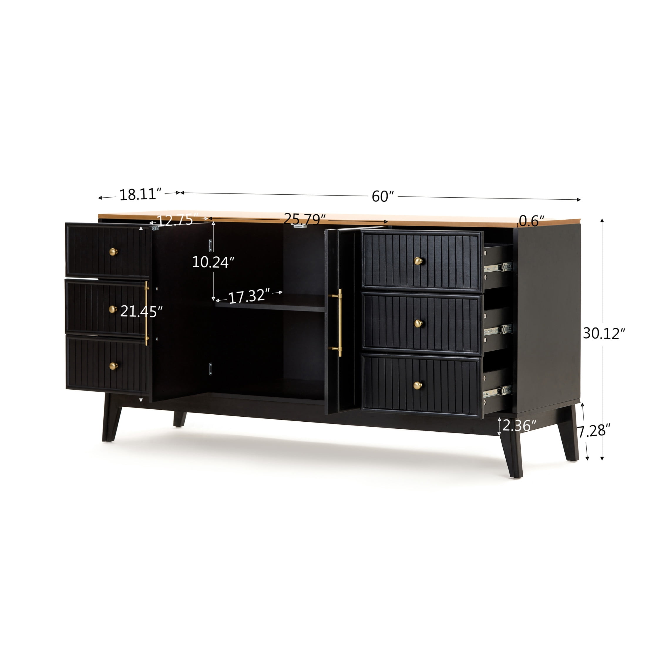 Christopher Knight Home 60" Modern Sideboard Buffet Cabinet with 6 Drawers & Adjustable Shelf, Black