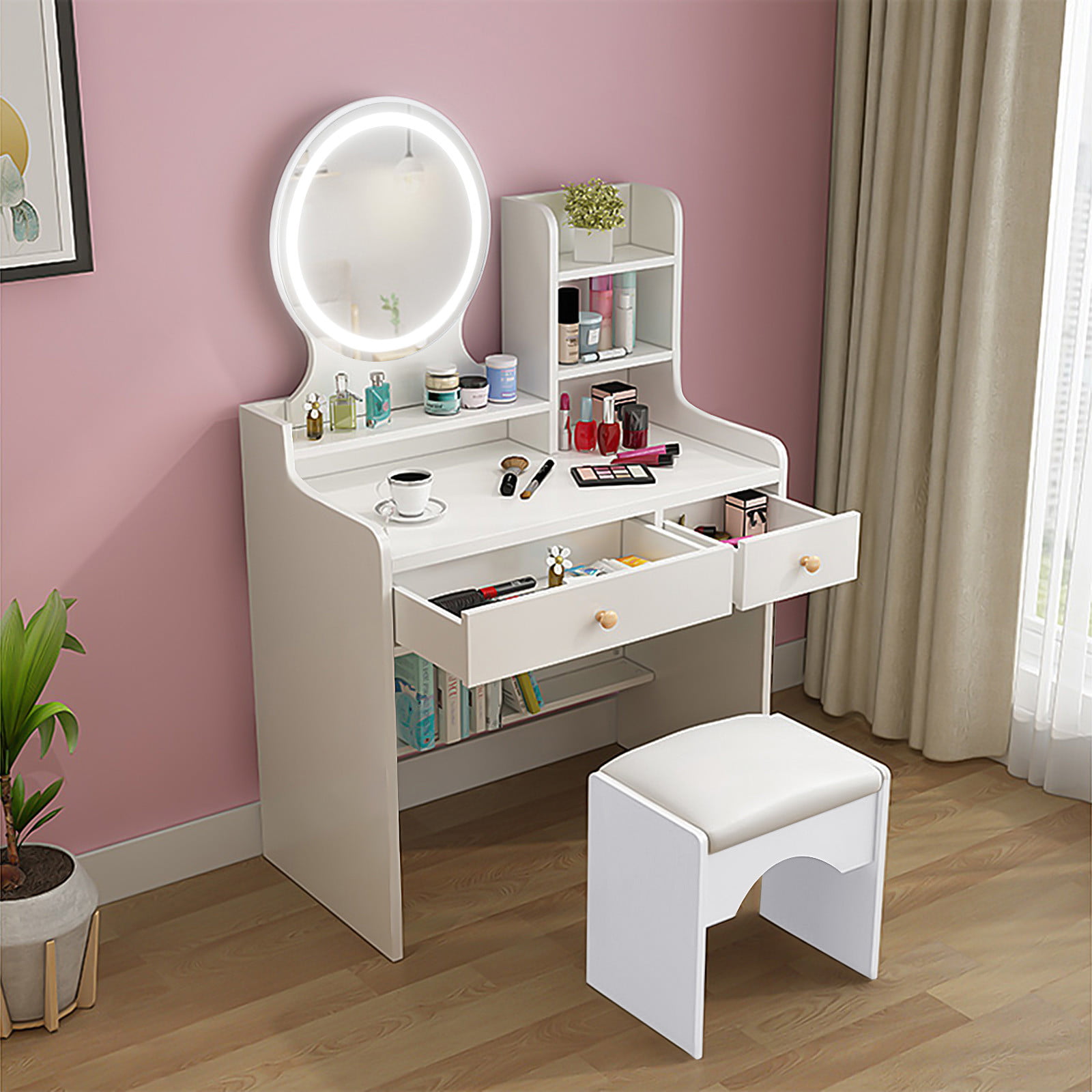 Details about   Vanity Set W/Lighted Mirror Cushioned Stool Dressing Table Makeup Table,Stool 