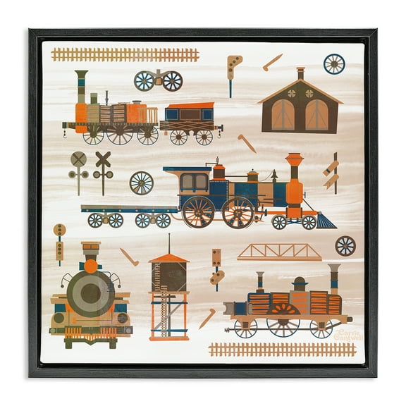 Stupell Industries Totally Trains Rustic Transportation Painting Black Floater Framed Canvas Art Print Wall Art, 18 x 18