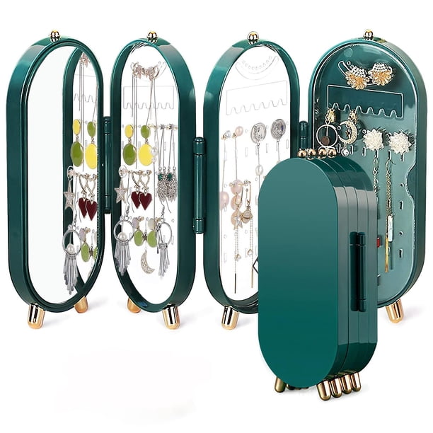 Joyero con soporte para guardar joyas, organizador de exhibición de pendientes con espejo y 4 puertas, plegable