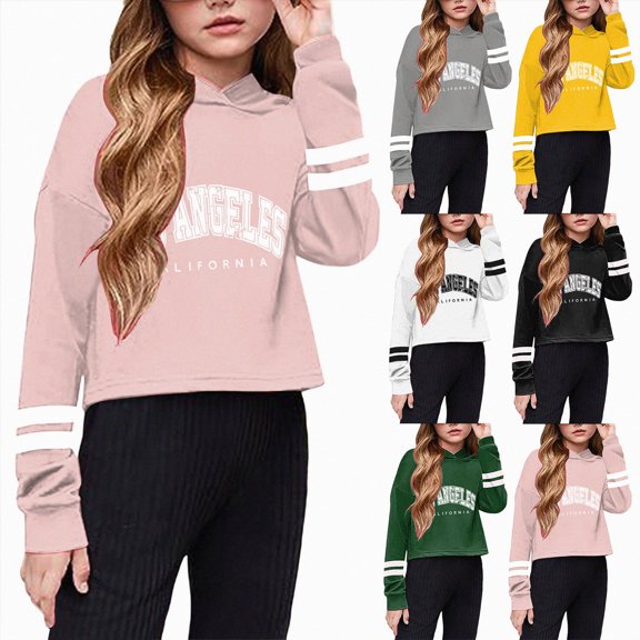 Nwiuh LOS ANGELES Girls Cropped Hoodie Kids Letter Print Long Sleeve Hooded | Lightweight Casual Daily Pullover Sweatshirts (Pink, 3-4 Years)