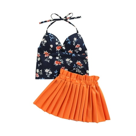 

TheFound Fashion Toddler Girls 2pcs Clothes Floral Strap Sleeveless Lace Up Vest+PU Leather Pleated Skirts Sets