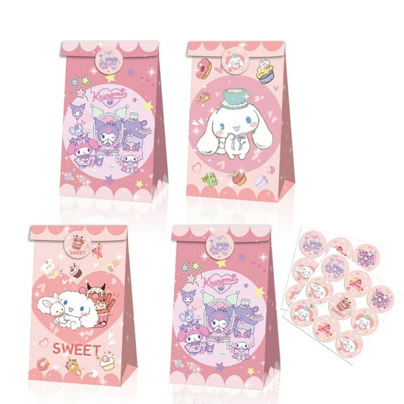 12 Pack Party Favor Bags Paper Goodie Bags - Kitty Treat Candy Bag for Kids' Theme Party, Boys Girls Birthday Party Supplies Gift Bags with Stickers for Party Decorations