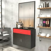 Artist Hand Wall Mount Barber Salon Station Hair Styling Makeup Spa with Mirror, Drawer, 2 Doors (Black+Red)