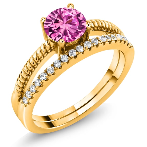 Gem Stone King 18K Yellow Gold Plated Silver Pink Created Sapphire Engagement Engagement Ring for Women (1.19 Cttw, Gemstone September Birthstone, Round 6MM, Size 7)
