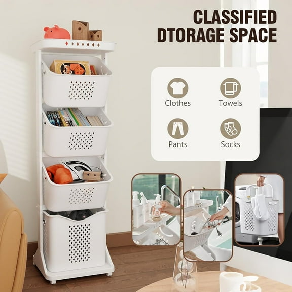 Elleree 4-Tier Laundry Hamper Sorter, Laundry Storage Organizer with Wheels Removable Rolling Laundry Baskets, Bathroom Cart for Dirty Clothes,White