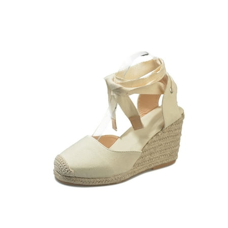 

Daeful Ladies Espadrilles Sandal Beach Pumps Shoes Ankle Strap Wedge Sandals Party Casual Anti Slip Closed Toe Platform Beige 5
