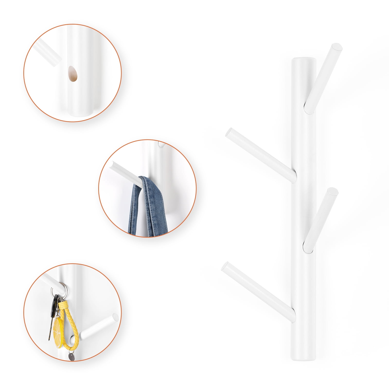 4 Hooks Wood Coat Rack Wall Mounted Tree Branch Coat and Hat Entryway Rack, White