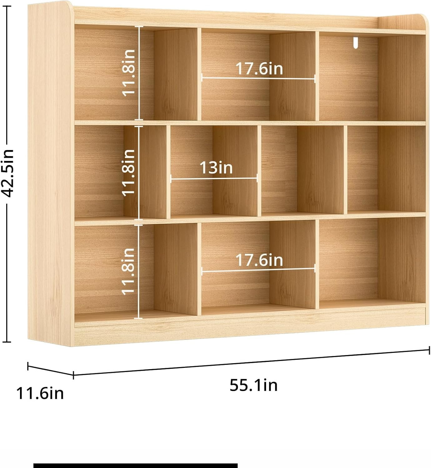 DIYART Oak Wood Bookcase with 3 Tier Open Shelves, 10-Cube Storage Shelf, 55.1" W x 42.5" H