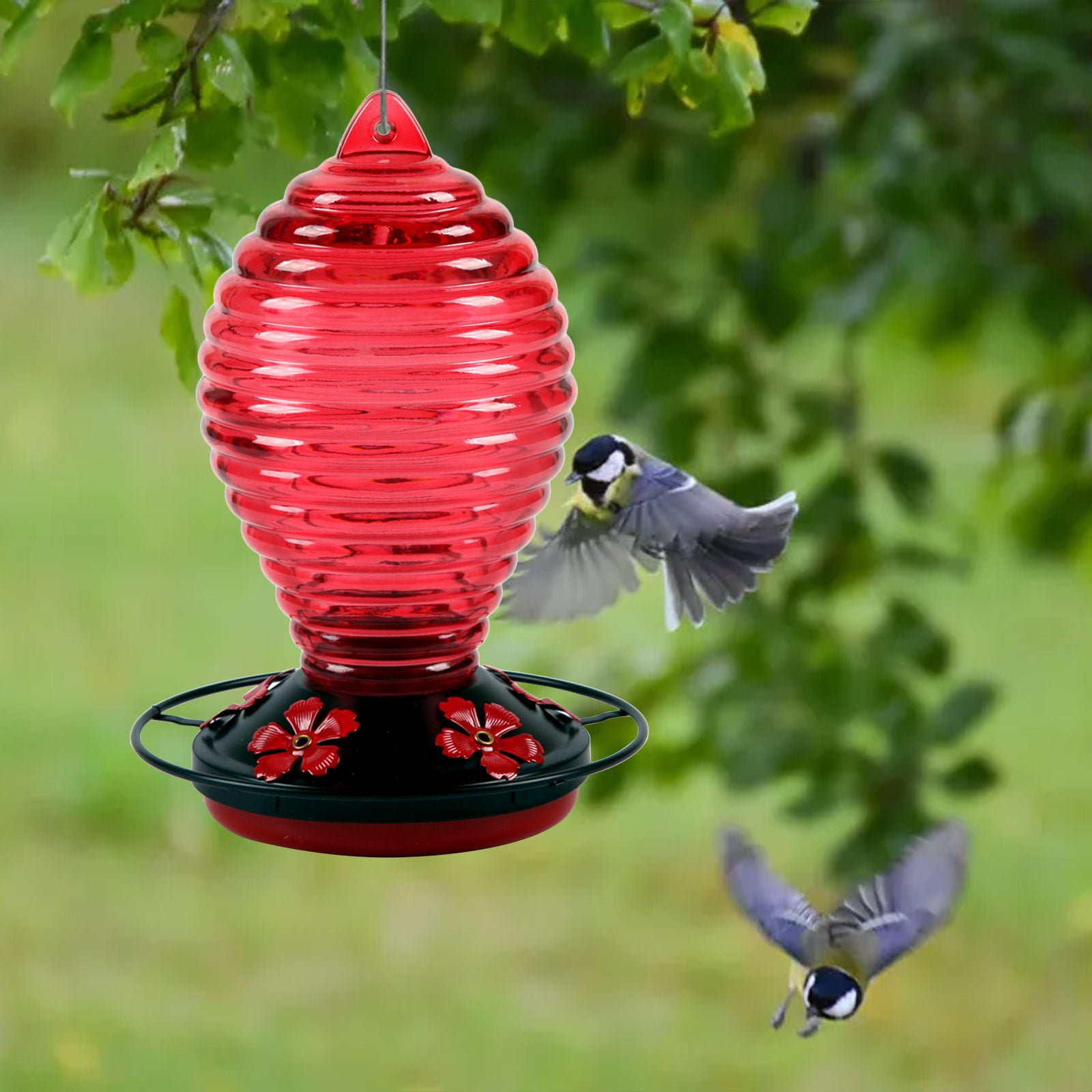 Harpi Hummingbird Feeder with 5 Perches, Hand Blown Glass Hummingbird Feeders for Outdoors Hanging Ant and Bee Proof, Large Capacity Bird Feeders for Outdoors Garden Yard Décor