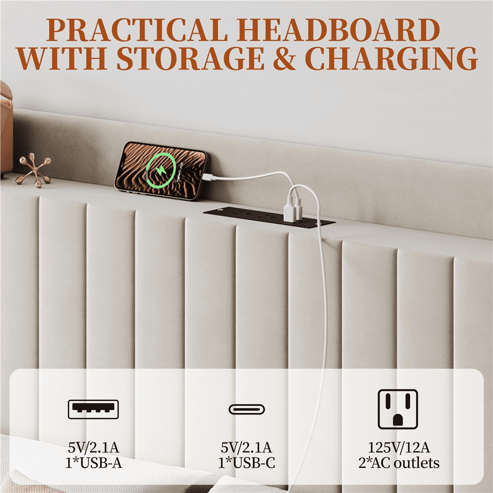 Fullfurnique Velvet Upholstered Bed Frame with Charging Outlets & USB Ports, Queen, Beige