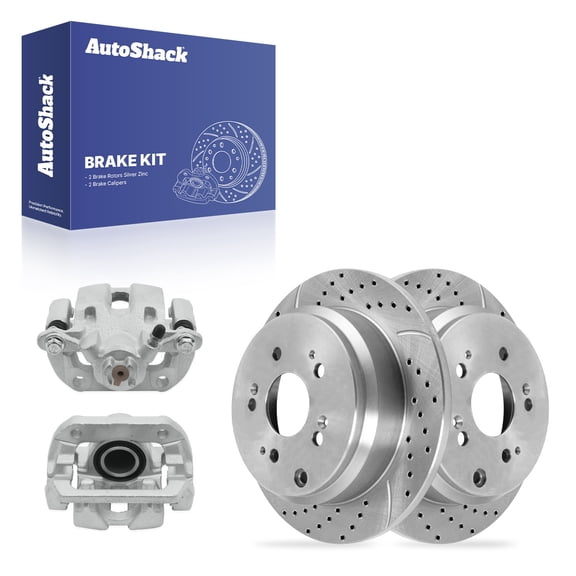 AutoShack Rear Solid Drilled & Slotted Silver Zinc Coated Brake Rotors   Calipers 4-PC Brake Kit Replacement for 2005-2010 Honda Odyssey SilverShield Pro 12.32" (313 mm)