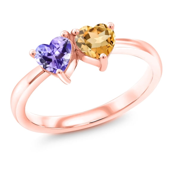 Gem Stone King 0.96 Ct Heart Shape Blue Tanzanite Yellow Citrine 18K Rose Gold Plated Silver Ring (Size 7)