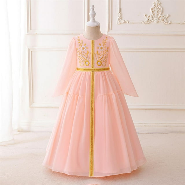 SXcggal One 2025 Nouvelle Robe Fille Robe Abaya Brodée Robe à Manches Longues Respirante Mignonne Décontractée Robe Fille