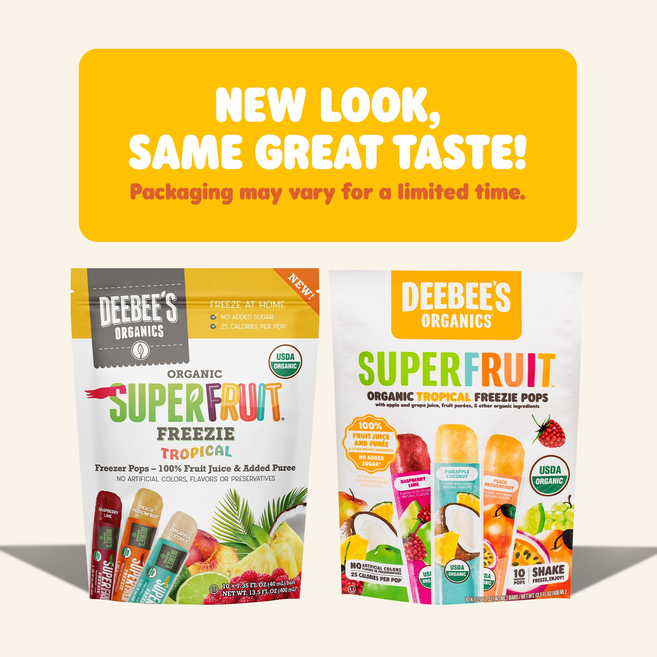 Deebee's Organics Tropical Fruit Freezies Ice Pops, Gluten-Free, 1.35 oz, 10 Count