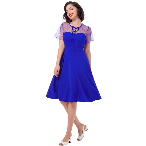 royal blue tea party dress Dark Blue Tulle Prom Dresses Tea-Length Formal Dress 21854 Blue / US8 main image 1